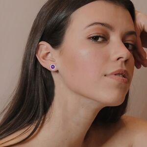 February 18k White Gold Amethyst Birthstone Diamond Halo Stud Earrings S925 Gem